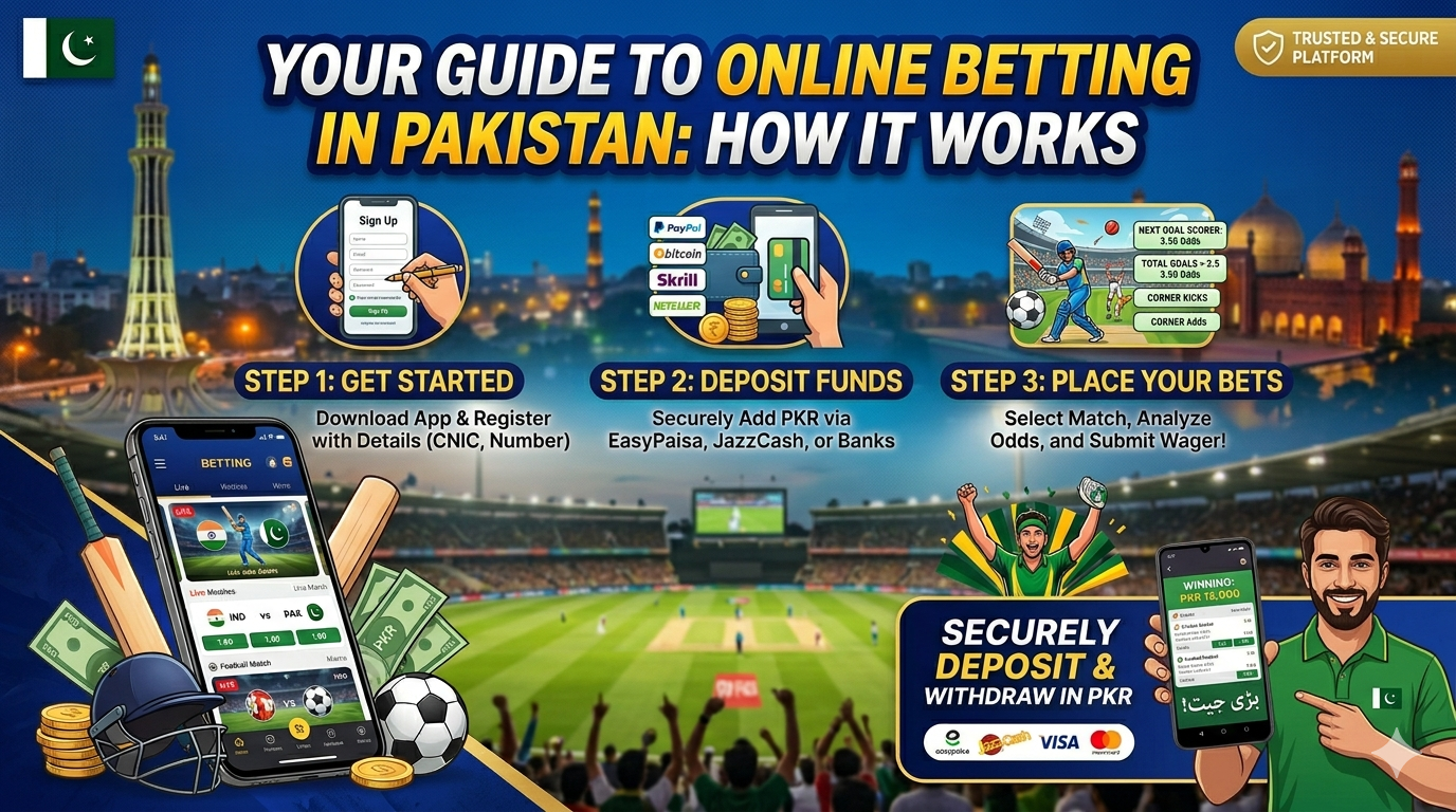 Infographic explaining how online betting works in Pakistan. Highlights secure PKR deposits via local mobile wallets, live cricket match odds, and a simple three-step guide from registration to withdrawal.