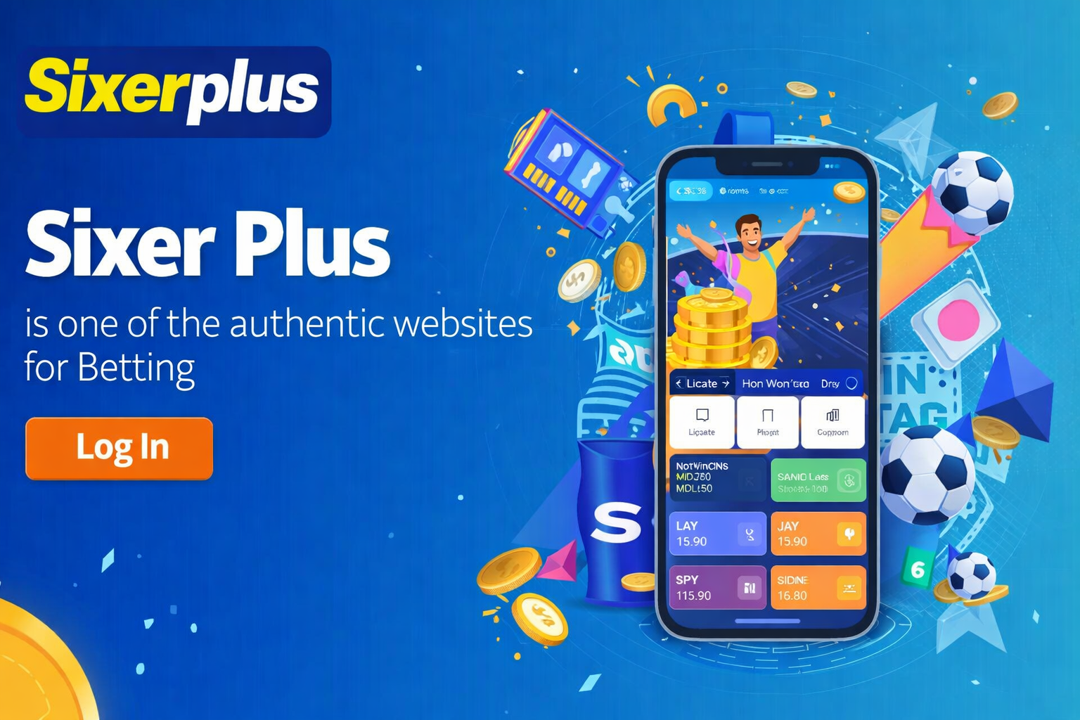 ixer Plus, an authentic betting website, featuring a smartphone displaying its interface with betting options, alongside coins, soccer balls, and other icons symbolizing money and gaming."