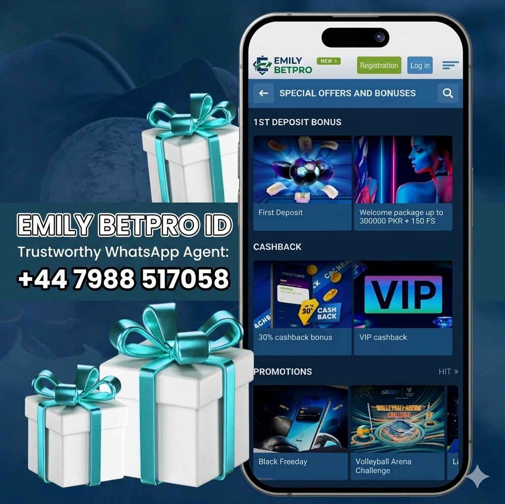 Emily BetPro ID promotion with gift boxes and smartphone displaying bonus offers and WhatsApp contact number.