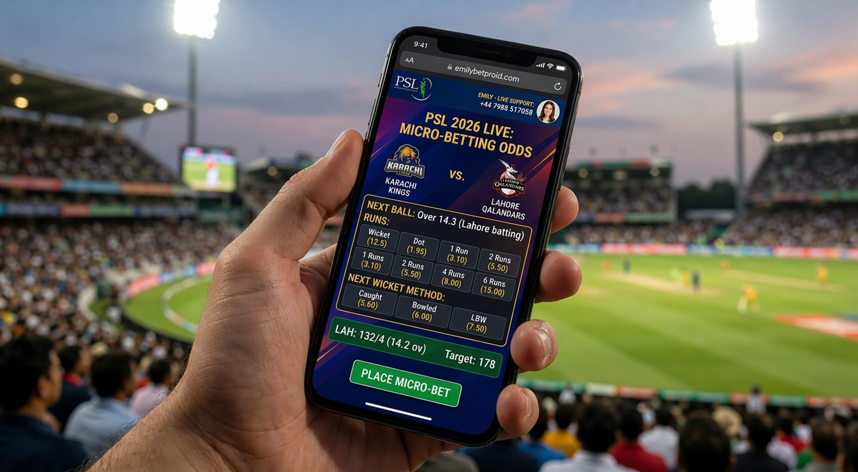 "Micro-betting odds for PSL 2026 cricket match on Emilybetproid.com"