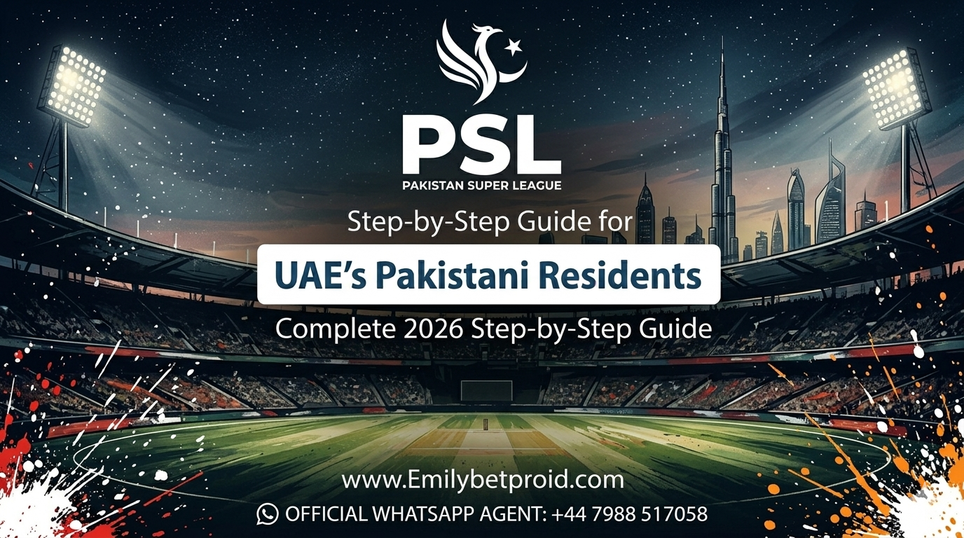Official 2026 guide for Pakistani residents in the UAE on safe cricket betting via Emilybetproid.com, featuring Dubai skyline and official WhatsApp contact +447988517058 for BetPro ID.