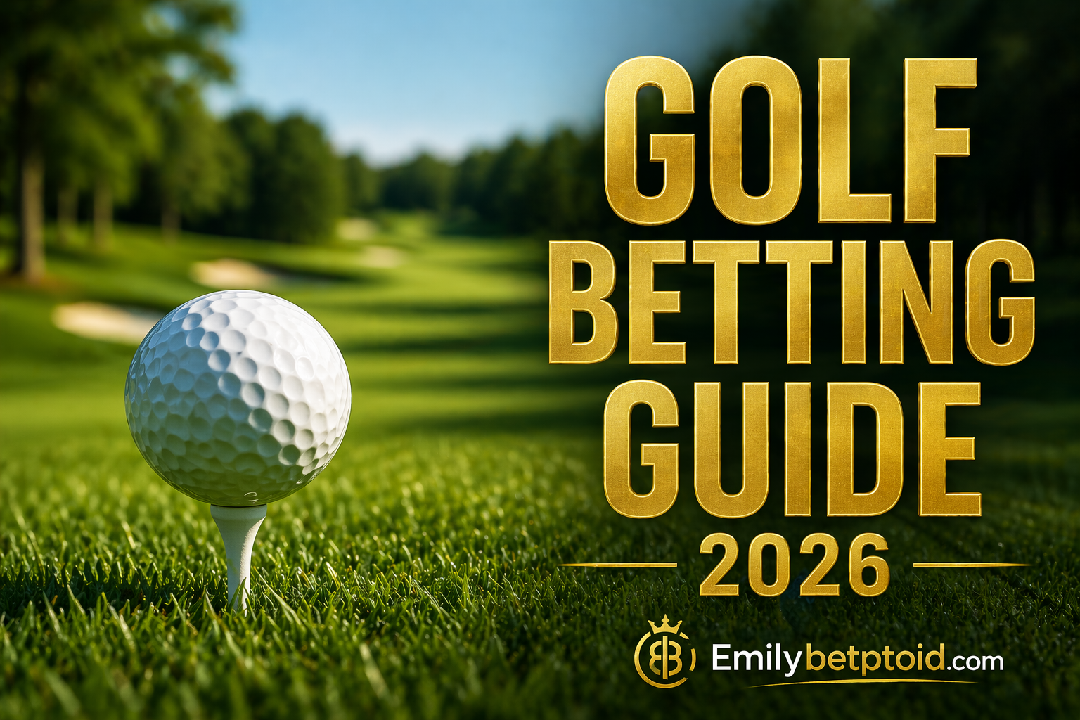 Close-up of a golf ball on a tee at a professional course with 2026 golf betting guide text and Emilybetptoid.com branding.