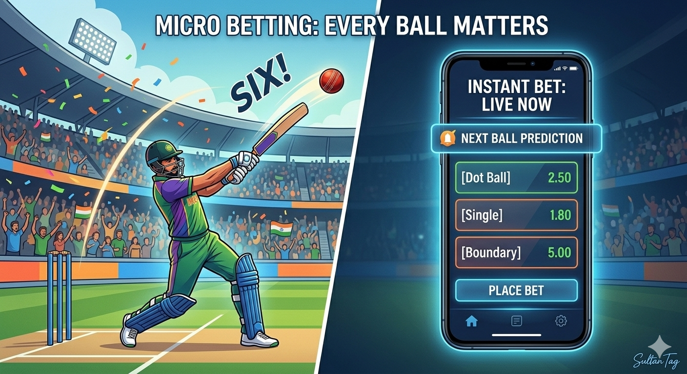 A conceptual graphic showing a cricket match and a mobile app interface for micro betting on the next delivery, highlighting the speed of 2026 betting trends.
