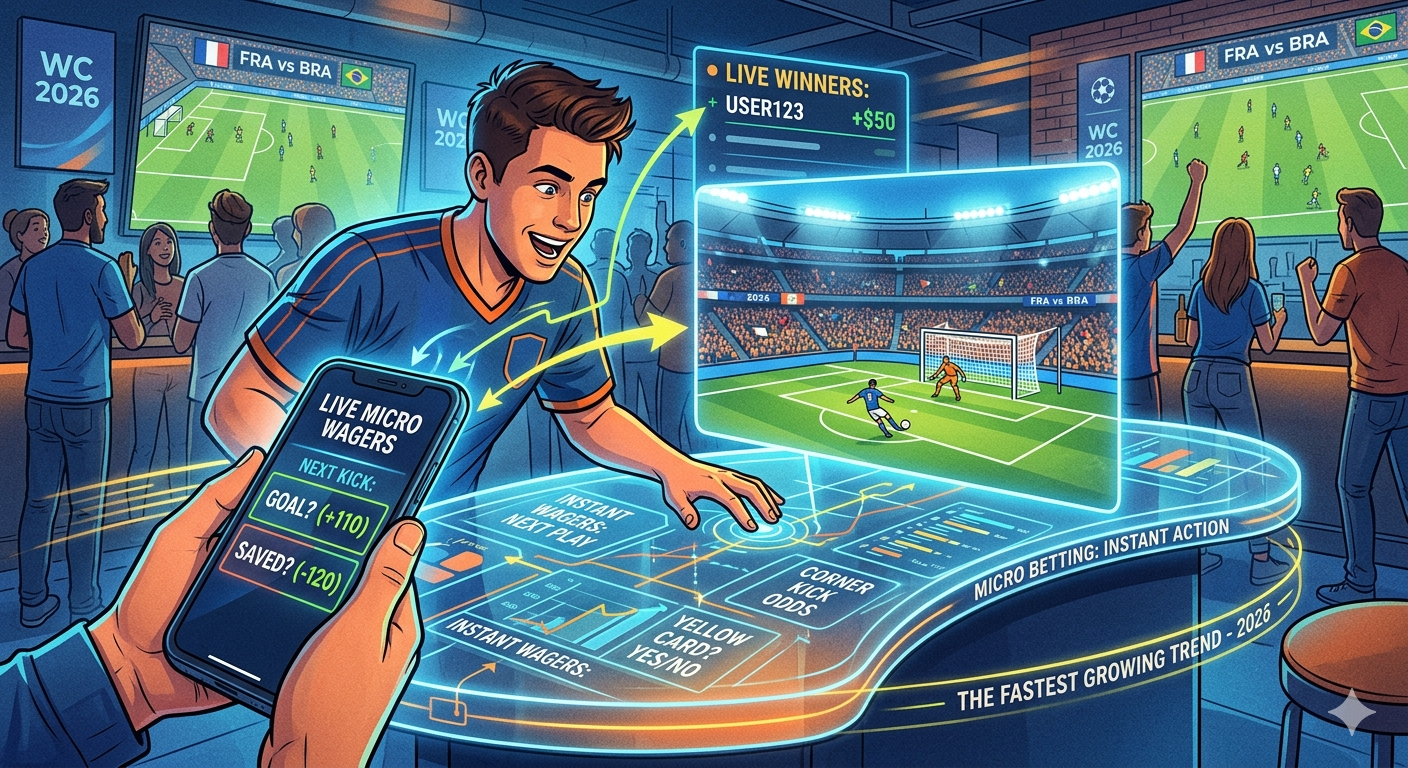 A conceptual display of a 2026 micro betting mobile app showing live cricket play-by-play wagering options.